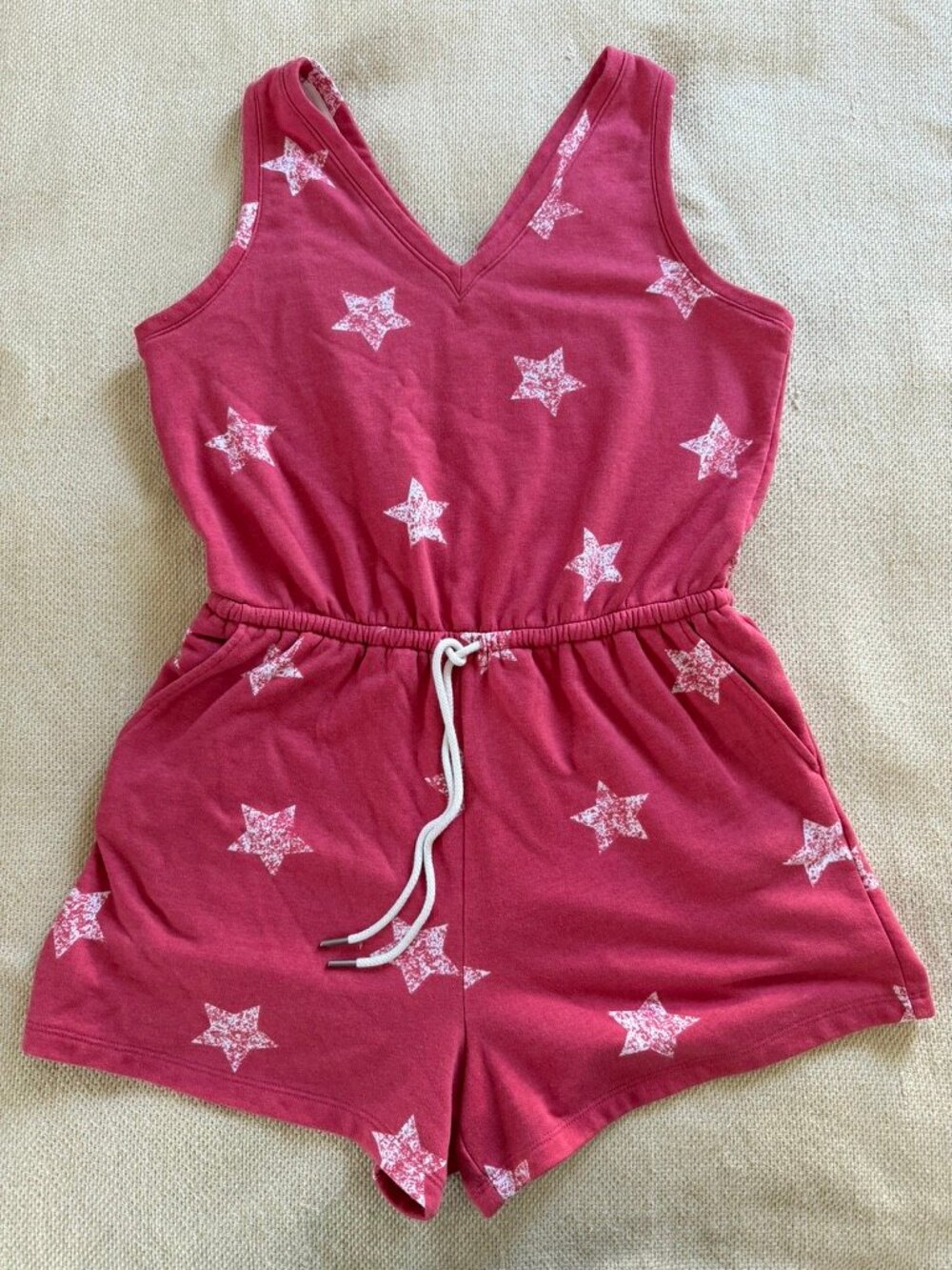 Lou & Grey Romper Red White Star Print Sleeveless Women's M Drawstring